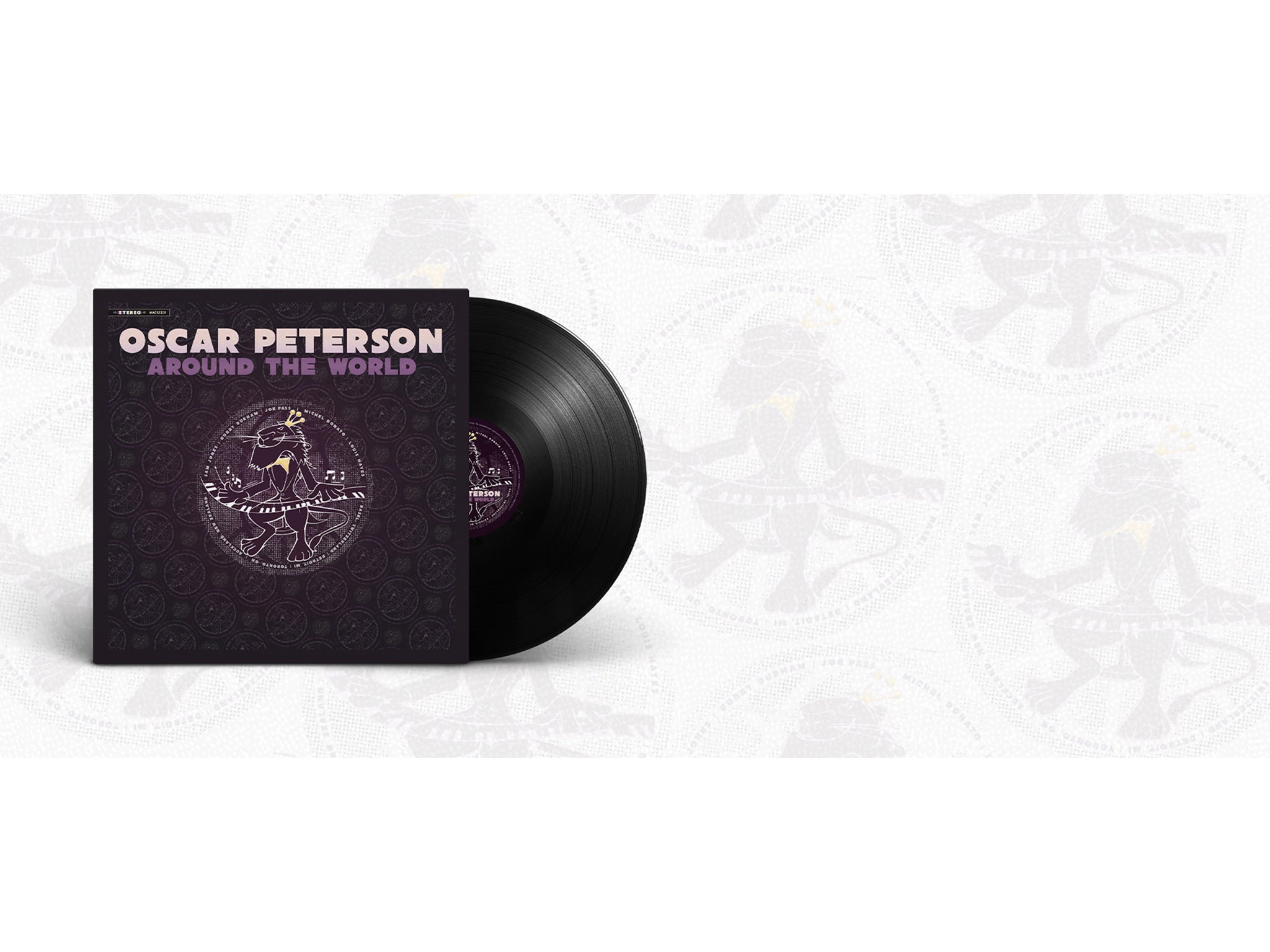 Vinyl record and cover with 'Oscar Peterson Around the World' on a white background